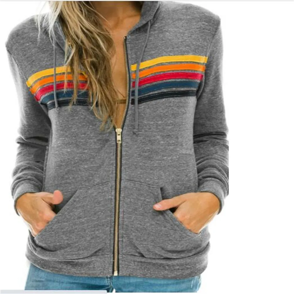 Sweat-shirt à capuche pour femme, veste zippée, mode automne, épissure à rayures arc-en-ciel