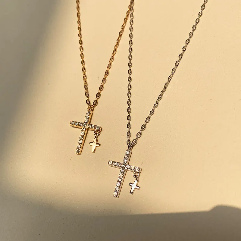 Kreatywność lekki luksusowy cyrkon krzyż naszyjnik dla kobiet złoty kolor srebrny łańcuszek do obojczyka biżuteria
