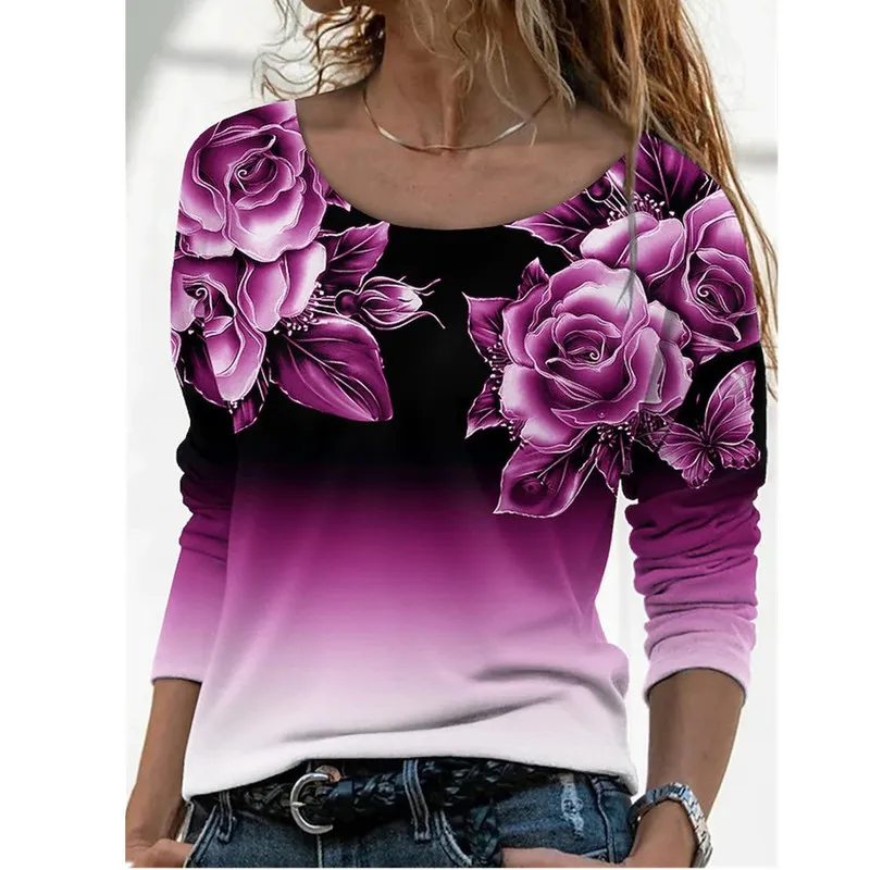 Printemps automne femmes mode ample décontracté imprimé fleuri à manches longues col rond t-shirt hauts blouses 220321