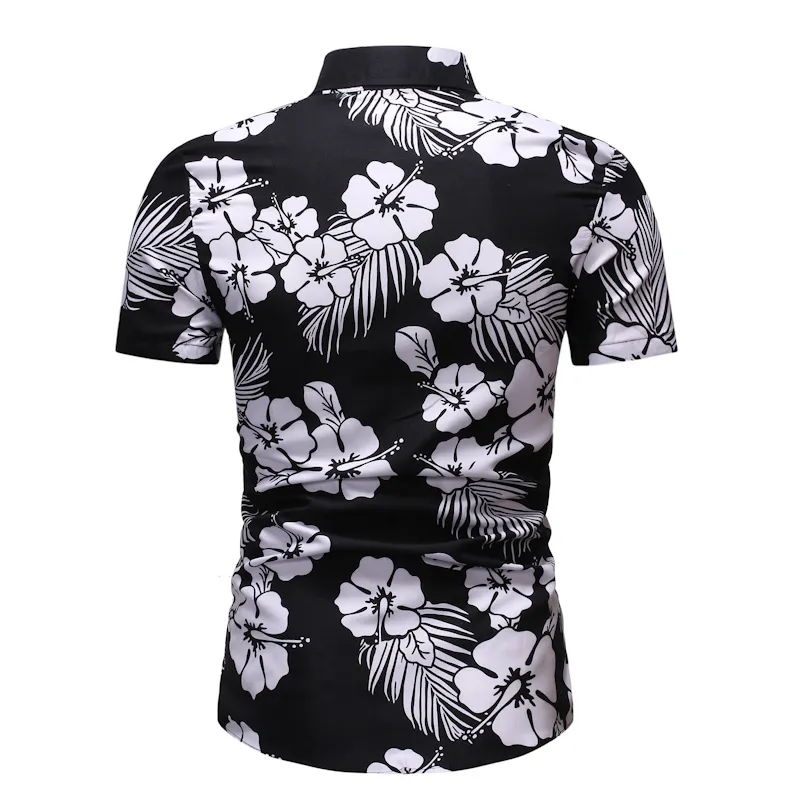 Erkek Moda Siyah Beyaz Floral Gömlek Sıradan Düğme Kısa Kollu Hawaiian Gömlek Plaj Tatil İnce Fit Partisi Gömlekler Tops 220527