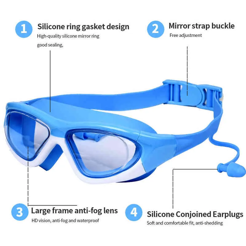 Occhialini da nuoto bambini Bambini 3-14Y Occhiali da piscina anti-appannamento anti-UV la visione ampia con tappi le orecchie Occhiali da immersione sport all'aria aperta G220422