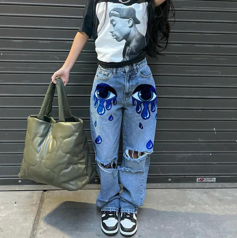 Ladies High Waist Spring Summer Tears Personality Fashion Denim Print Trendy Jeans Casual Wide Leg Pants 220713