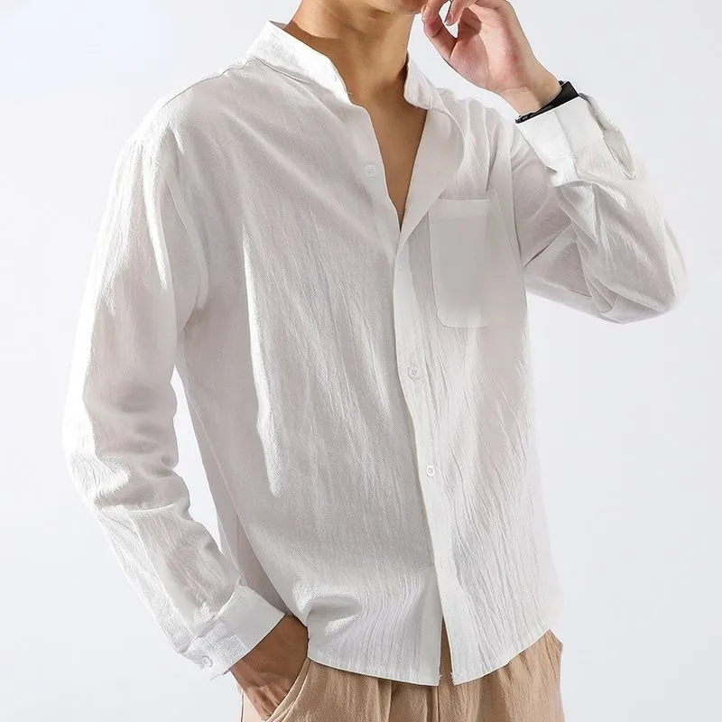 Camisas de linho de cor sólida dos homens ebaihui camisas de mangas compridas Casacos casuais de lapela com bolsos macho versátil blusa solta top