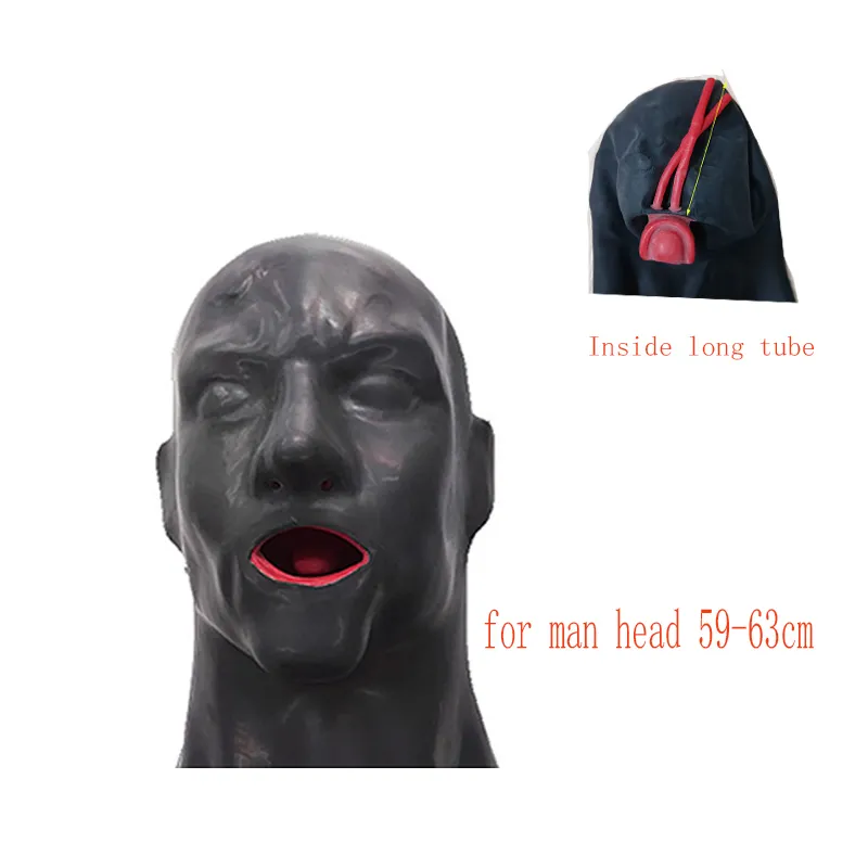 Masque en caoutchouc à capuche en Latex 3D, yeux fermés, fétiche avec bouche rouge, gaine, Tube de langue, nez, Long et court pour hommes 2207159507111