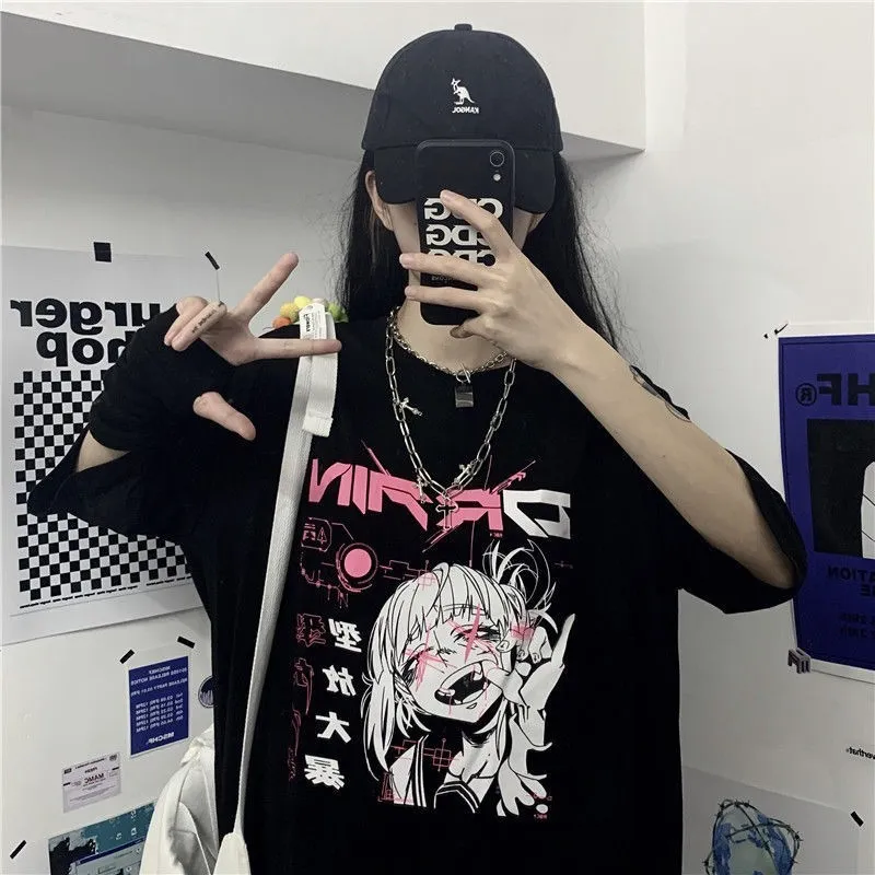 NiceMix Vintage Anime Cartoon T-Shirt Damen Kleidung Gothic T-Shirt Streetwear Print lose Tops Koreanisches Sommer schwarzes T-Shirt 220321