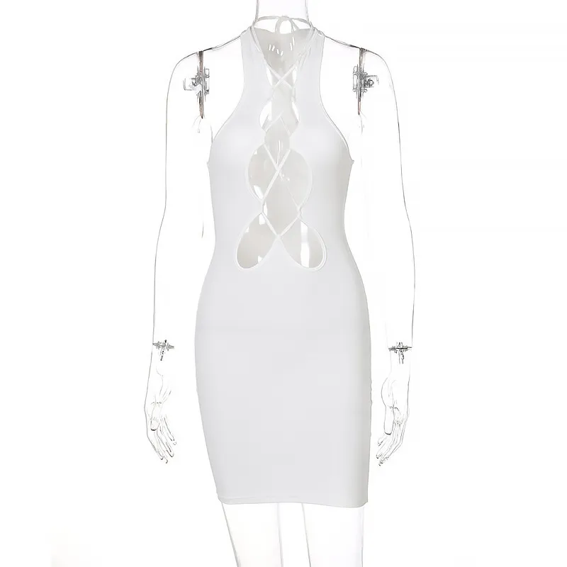 Czarny Sexy Cut Out Party Bandaż Suknie Dla Kobiet Letni Elegancka Moda Bodycon Mini Dress Kobieta Białe Stroje Klubowe 220406