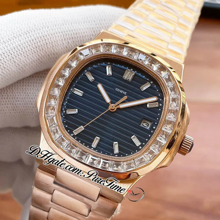 40mm 5711 A21J Vection automatique Automatic Watch Rose Gold Baguette Blue Gem Bezel Grey Texture DIAMMER Diamants Stick Markers Stickless Stee173V