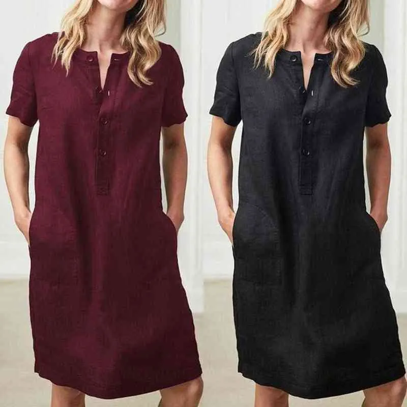 Couleur unie femmes Type droit lâche à manches courtes coton lin Baggy tunique chemise caftan genou longueur robe L220705