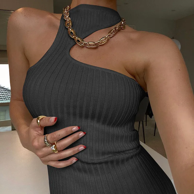 CNYISHE Sexy Off Shoulder Knitted Ribbed Dress Women Halter Cut-out Bodycon Sheath Midi Dresses Female Midi Sundress Vestidos 220511