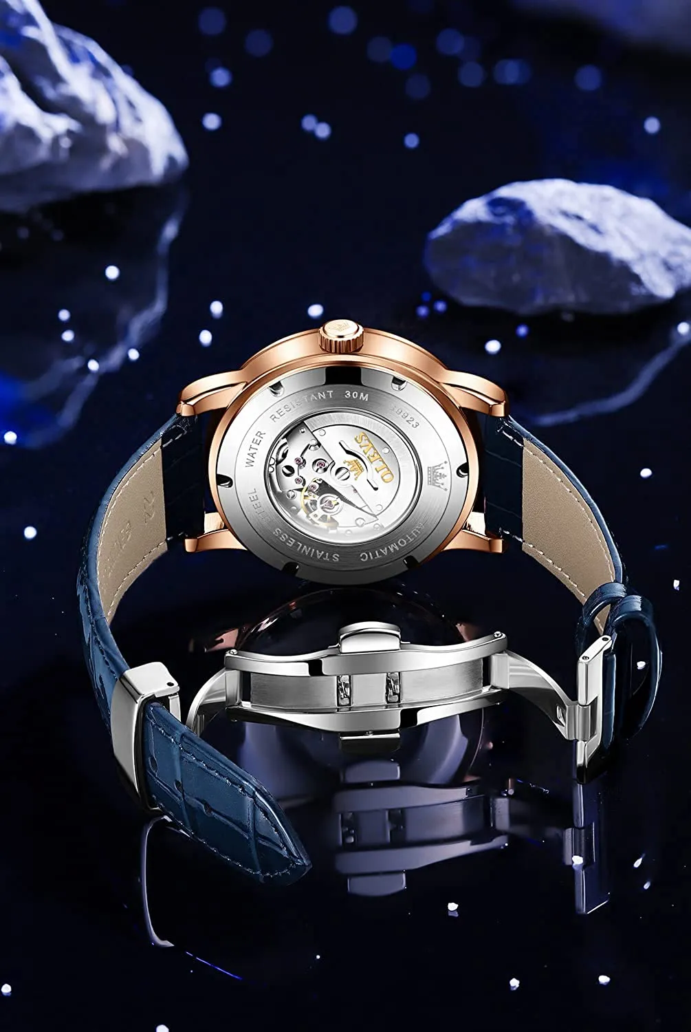 Männer039s Sky Moon Watch Automatisches mechanisches blaues Leder Luxuskleid Wasserdichte leuchtende Handgelenk Uhres2885709