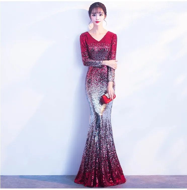 woman party night Sequined V-Neck Floor-Length evening dresses long prom dresses 276S