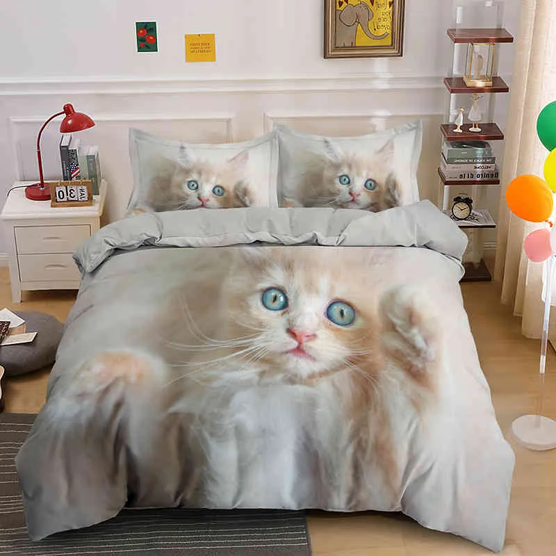 3d Cat Bedding Set Luxury Animal Duvet Cover with Pillowcase Queen King Single Double Size Bed Sets Custom Pattern for Girls Boy