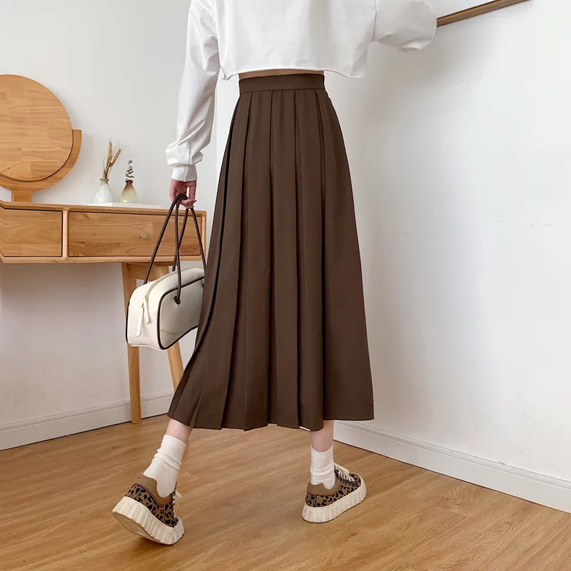Houzhou Vintage Brown Plised Długie Spódnice Jesień Kobiety Koreańska Moda Wysoka talia Czarna Elegancka Spódnica Midi Midi Dla Dziewczyn 220317