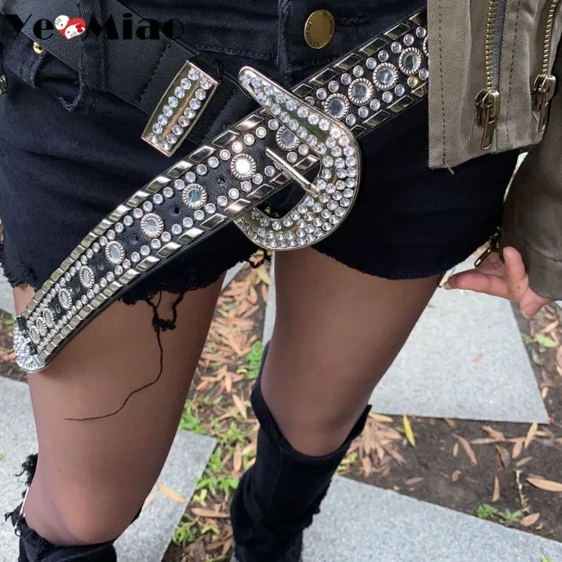 Punkbälten Kvinnor Luxur Designer Brand Wide Waist Korean Fashion Diamond Rock Bling Strap Belt Y2K för klänning 220712