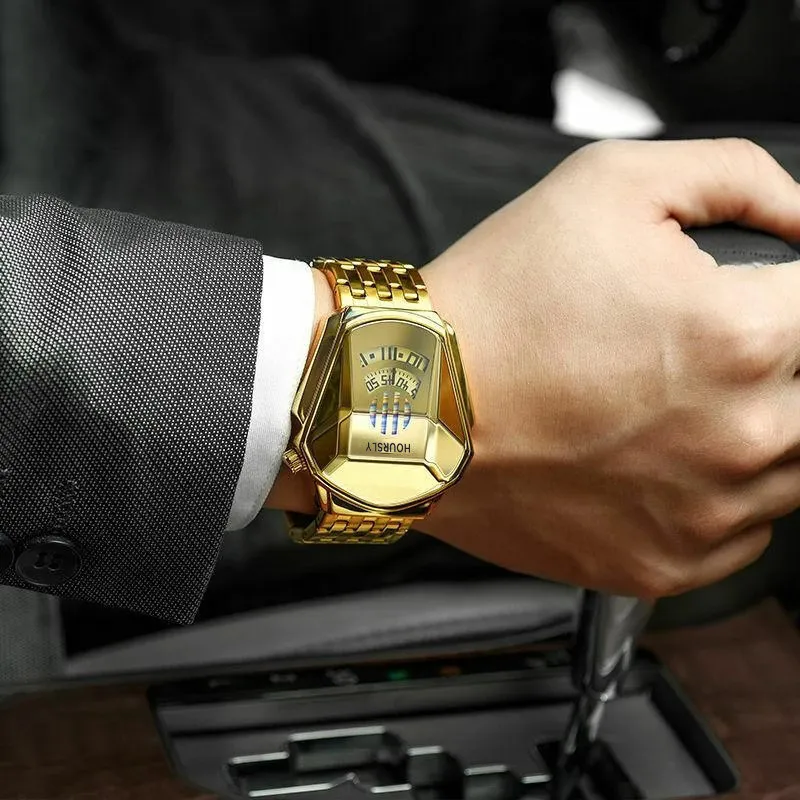 Luxe HOURSLY marque tendance Cool hommes montre-bracelet en acier inoxydable technologie mode Quartz pour hommes Relogio Masculino 220329286E