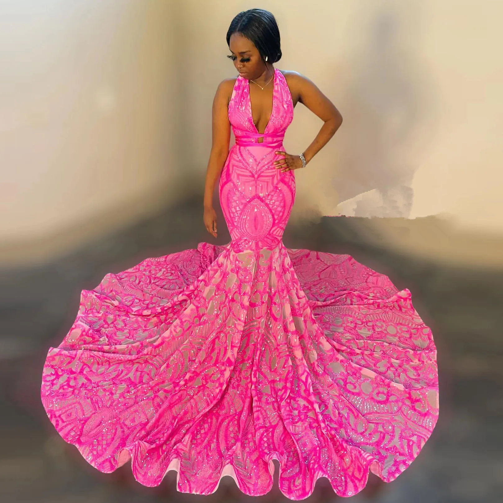 Sparkly lantejoulas sereia vestidos de baile 2022 para menina negra com decote em v sem mangas até o chão africano vestidos de festa de aniversário formal eveni194s