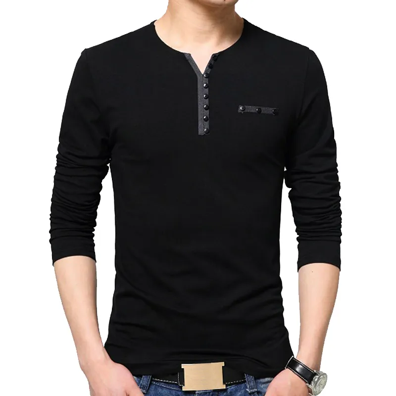 TFETTERS Autumn Casual T Shirt Men Henry Collar Solid Color Slim Fit Long Sleeve T Shirt Cotton Plus Sizes M-5XL Tops&tees 220408