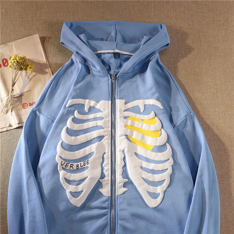 American Fashion -selling Skeleton Printing Anime Men Women Long-sleeved Zipper Hoodie Jacket Loose Streetwear Y2K Pullover 220817