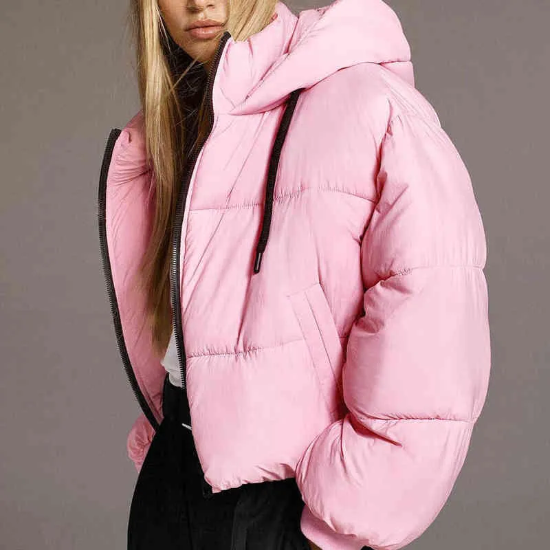 Women Parka Jackets Pink With Hooded Solid Long Sleeves Kaki Cropped Warm Jacket Ladies Elegant Outfit Woman Coat Winter trf L220725