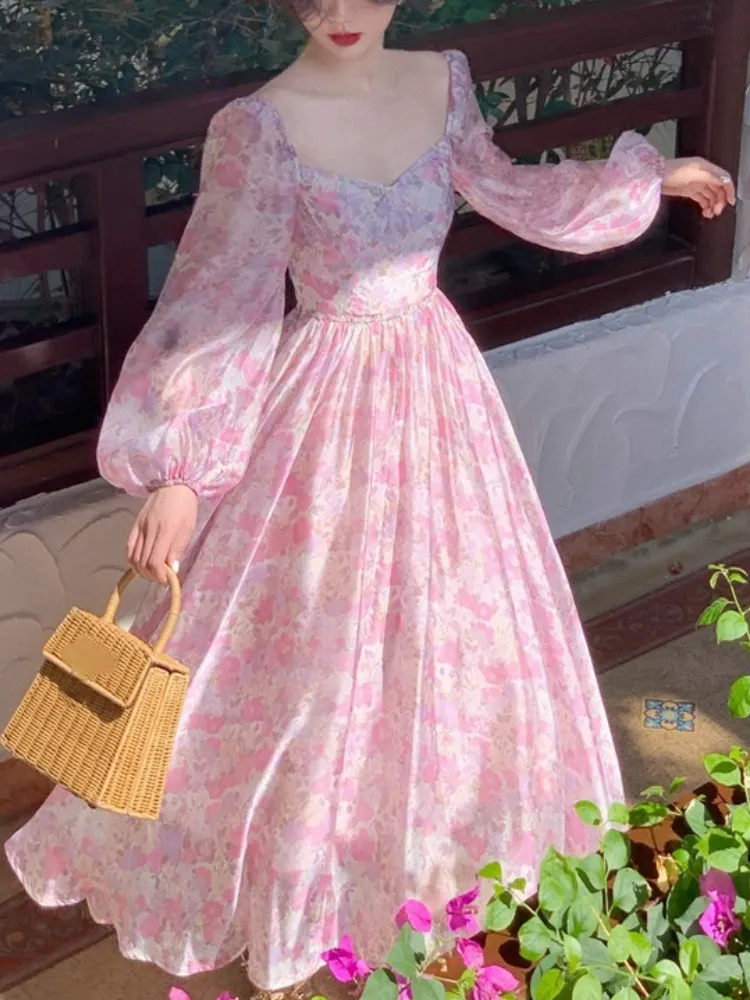Francuska vintage sukienka z długim rękawem Kobieta wróżka elegnat kwiatowa sukienka midi wieczorna impreza koreańska letnia chifonowa plaża 220518