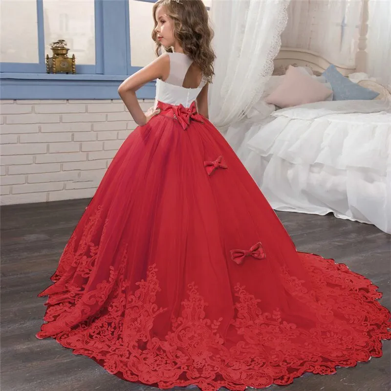 Dzieci Dziewczyna Eleganckie Wesela Pearl Płatki Christmas Dress Princess Party Pagewant Koronki Frock Tulle dla 6 7 8 9 10 11 12 14 lat 220426  t