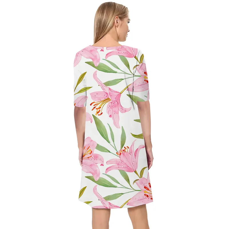 Femmes robe Simple motif de lys 3D imprimé col en V lâche décontracté à manches courtes robe droite pour les robes féminines robe élégante 220616