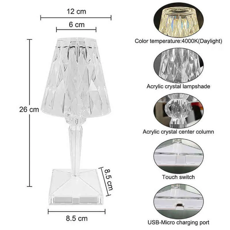 RGB White LED Diamond Table Lamp Remote Control USB Charging Touch Sensor Restaurant Bar Decoration Table Lights Romantic Lamp H22278e