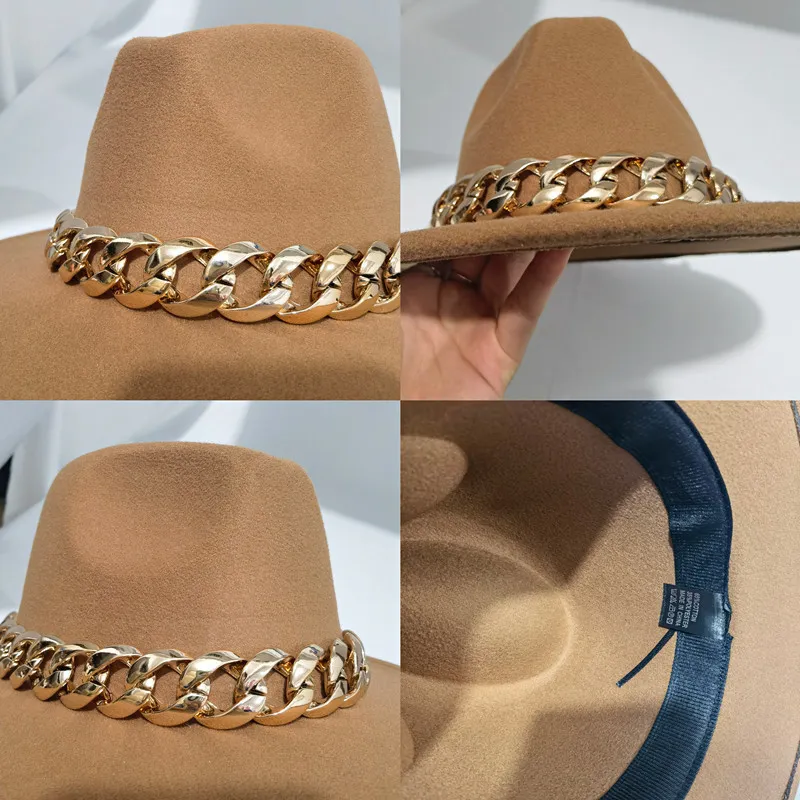 Women Hat Luxury Wide Brim Thick Gold Chain Fascinator Beige Hats For Men Women Panama Cowboy Hat Fedora Hats Sombrero Hombre 220517
