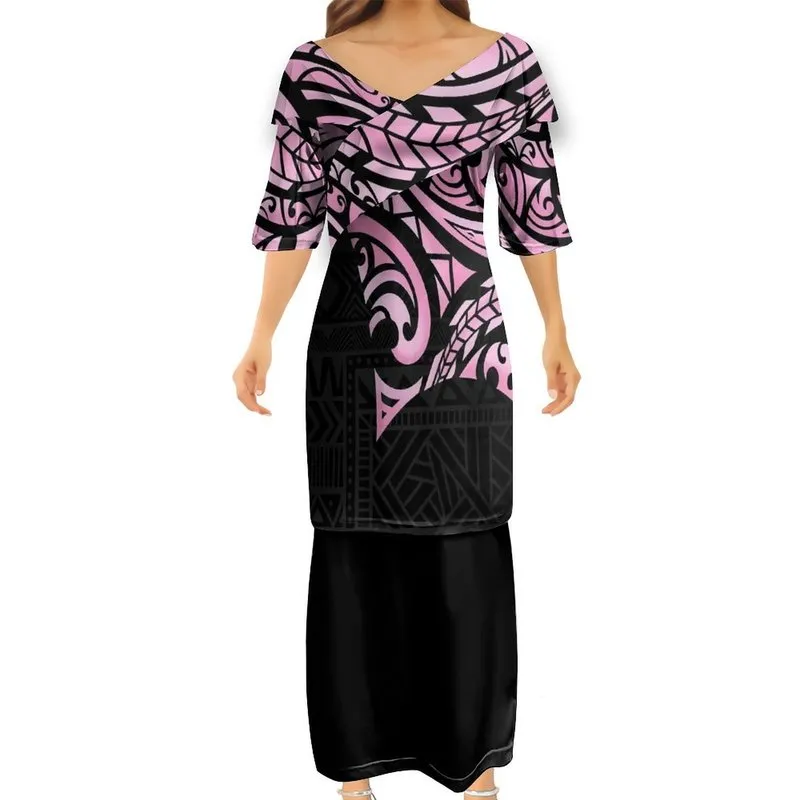Polynesian Tribal Women Custom Pattern v-neck pultasi فساتين الأزواج لباس أعلى جودة مخصصة قبالة فساتين الكتف فستان 220706
