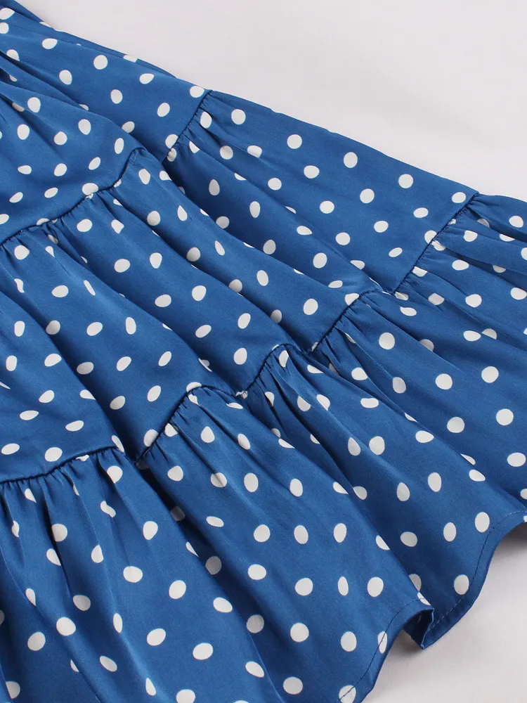 Tonval Blue Polka Dot Bow Pasek Przedni DRES DRES High talia Shirred Plisted Vintage Ubrania 220613