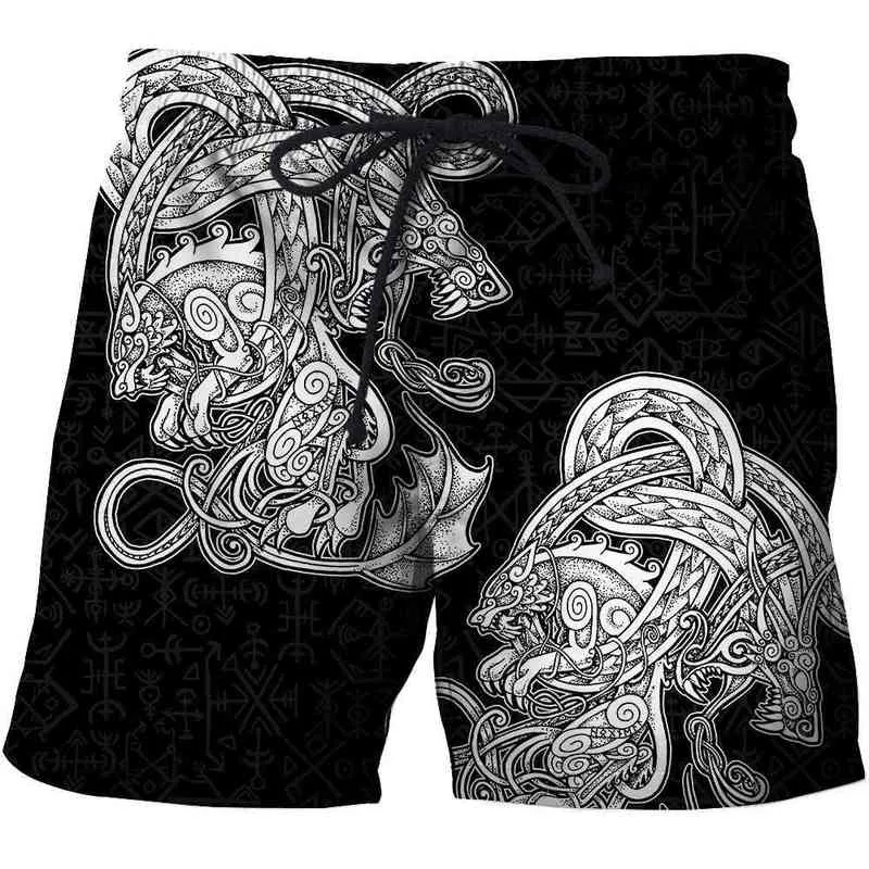 Herrshorts Viking Cool Tattoo Dragon 3D Tryckt Mens Shorts Unisex Streetwear Summer Beach Loose Shorts Casual Pants Polyester SDM04 T220825