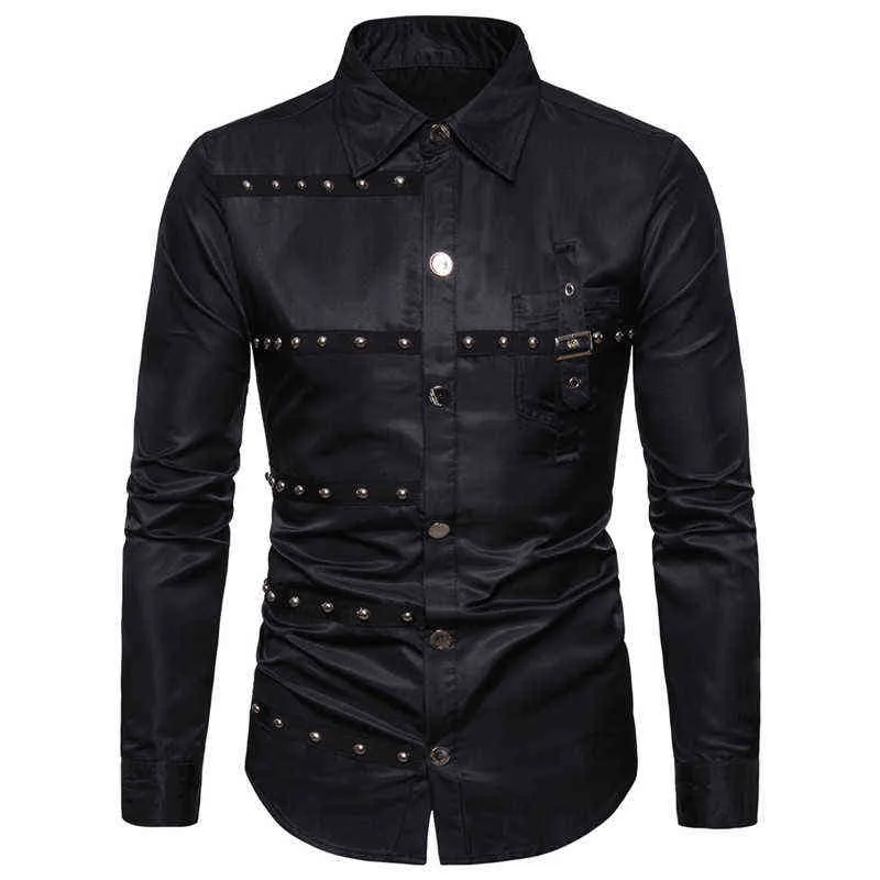Siyah gündelik düğme gömlek erkekler 2022 marka uzun kol goth rock gömlek rahat punk steampunk bluz üstleri parti gel homme 3xl l220704