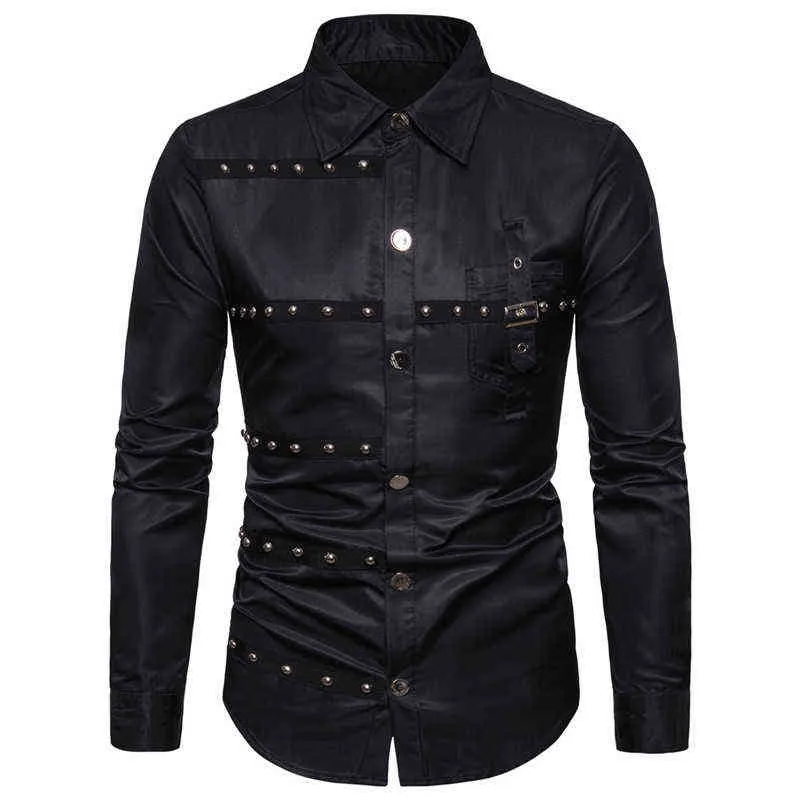 Zwart Casual Button Up Shirt Men 2022 Brand Lange SHOVE Goth Rock Shirt Casual Punk Steampunk Blouse Tops Party Come Homme 3XL L220704