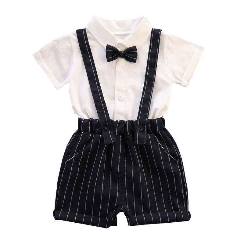 Bébé Garçon Vêtements D'été Coton Tenues Infantile Bébé Garçon Gentleman Costume Noeud Papillon Chemise Bretelles Shorts Pantalon Comfy Outfit Set G220509