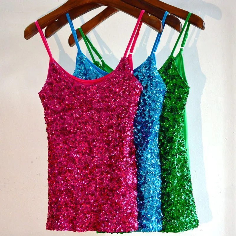 Women Tank Top Sequin Glitter Strappy Tank Tops Ladies Sexy Party Outfits Vest Clubwear Night Tanks Shirt 220519