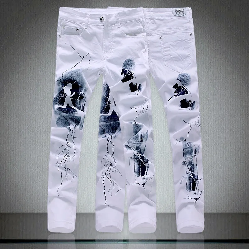 Män Casual Denim Jeans Lång design Koreanska Stil Stretch Slim Fit White Print Fashion Dropship Plus Storlek 28-42 220328