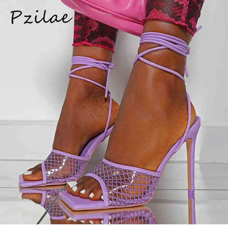 Sandalen Pzilae 2022 Nieuwe sexy groene gaas vrouwen Peep teen Hoge hakken Pumps kantup Crosstied Stiletto Hollow Dress Shoes Big Size 220704