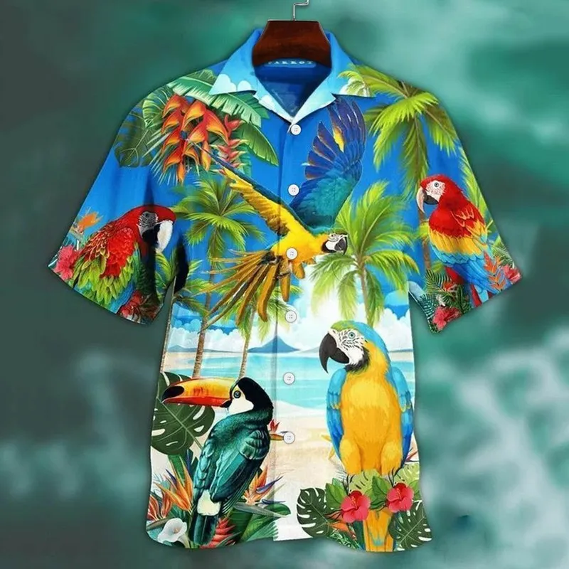Animal Parrot Print Patchwork Fashion Men Hawaiian Camise