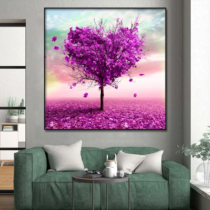 Abstract love big purple tree and Leaves Canvas Posters Wall Art Print Modern Painting Nordic Kid Bedroom Decoration Picture (3)