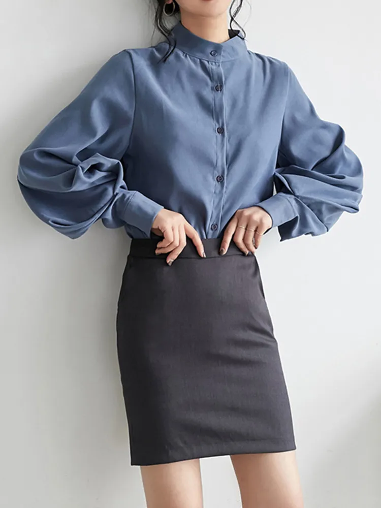 Sungtin Vintage Lantern Sleeve Bluzka Kobiety biuro dama czarna biała szyfonowa koszula Wysokiej jakości luźne koreańskie topy 220812