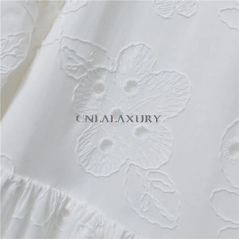 Cnlalaxury vår sommarkvinnor långärmad klänning avslappnad vintage vit ihålig broderi lace lace robe klänningar 220613