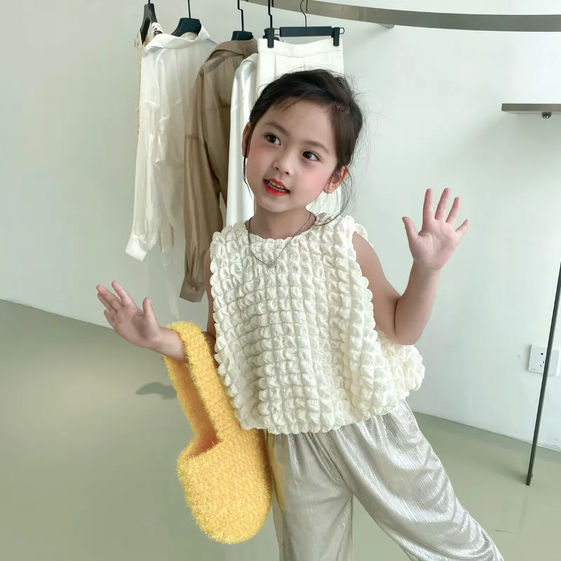 2079c Girls Bubble Ball Tops Summer Korean Children Fashion Fashion Loose Jaqueta curta sem mangas 2 9 anos Kid S 220620