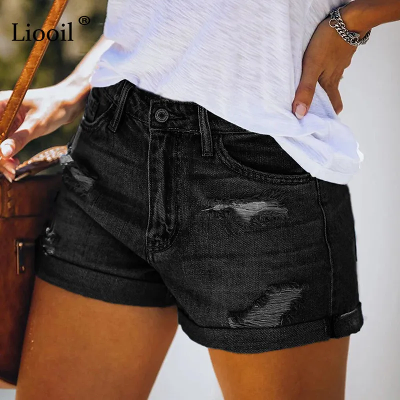 Sexy déchiré Jean Shorts pour femmes été Streetwear poches fermeture éclair noir bleu femmes taille haute trou Stretch Denim Shorts 220419