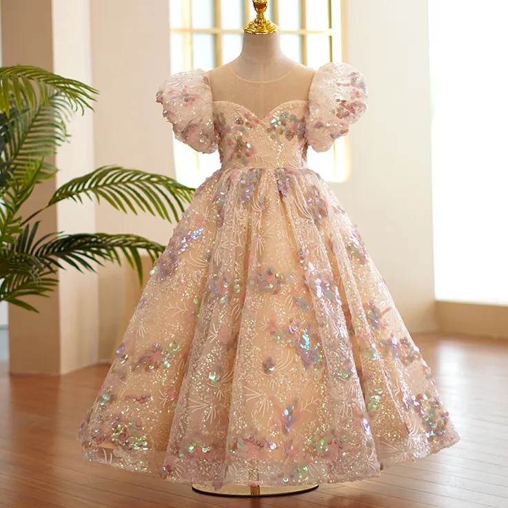 2022 блестящие бисерные хрустальные платья для девочек-цветочниц на свадьбу из тюля длиной до пола, пляжные платья для девочек на день рождения, тюлевые юбки 8073792