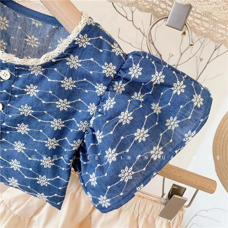 Fashion Girls Clothes Set Short Sleeve Blue Color Blouse Shirt and Skirt Summer Outifts Children Clothing s Toddler Girl 220507