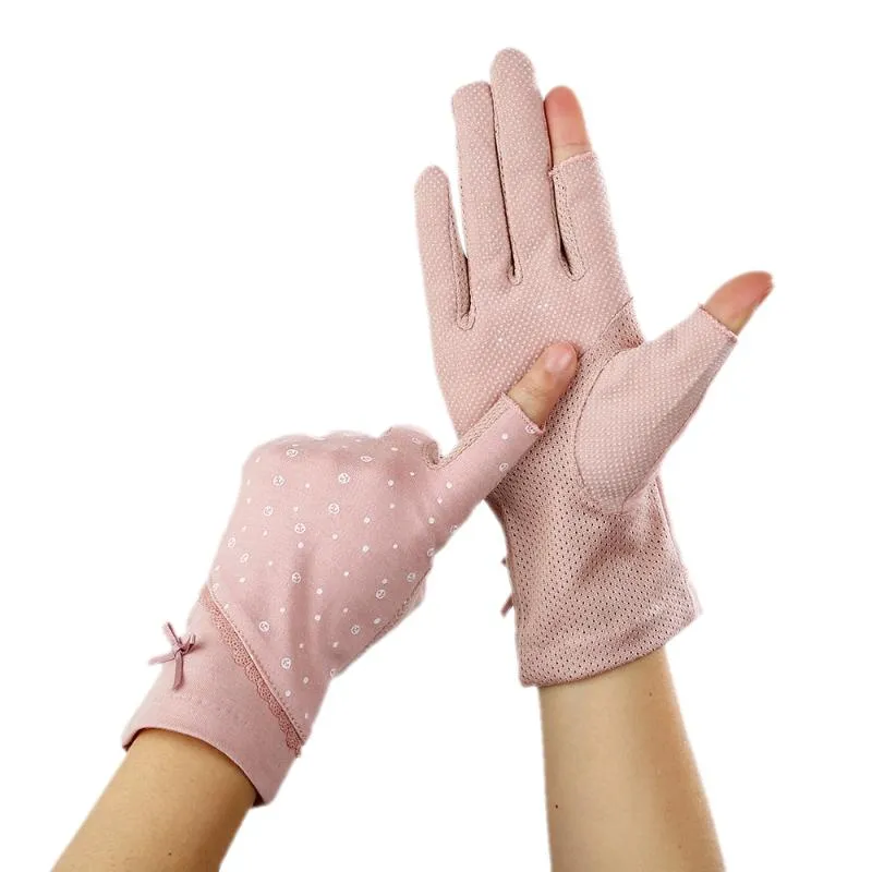 Cinco dedos luvas sem dedos polegar índice dedo estiramento protetor solar anti-uv anti-deslizamento feminino condução rendas st005319q