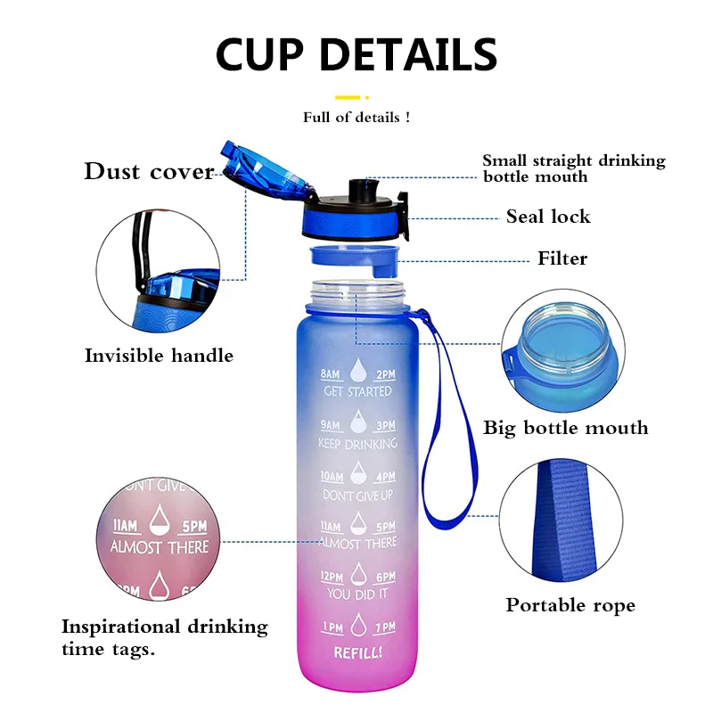 Bottiglia d'acqua da 1 litro Tazza sportiva BPA Tritan gratuito da viaggio all'aperto Bicchieri portatili a tenuta stagna PALESTRA Brocca Bottiglie bevande Forniture da campeggio 220307