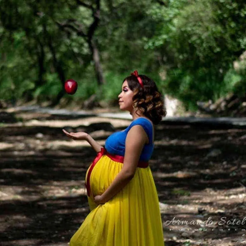 الأميرة تأثيري الأمومة التصوير الدعائم فستان طويل الأزرق والأصفر الشيفون الحمل صور تبادل لاطلاق النار فساتين ماكسي G220418