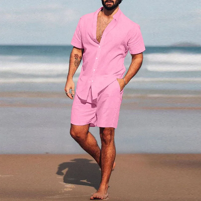 Men Hawaiian Sets Beach Summer Short Sleeve Stand Collar Shirt Board Shorts Streetwear Cotton Linen Men Set Casual