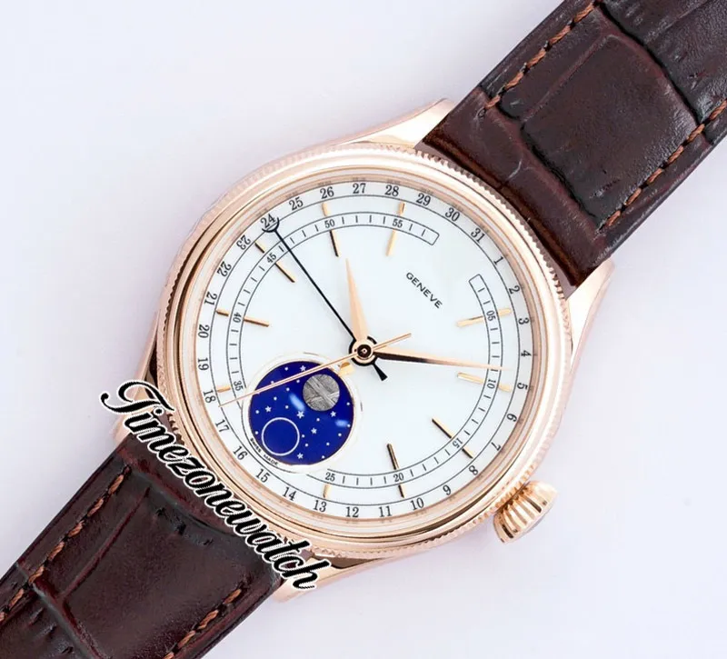 EWF Cellini Moonphase 50535 A3195 Автоматические мужские часы из розового золота с белым циферблатом из натуральной метеоритной коричневой кожи Super Edition той же серии286u